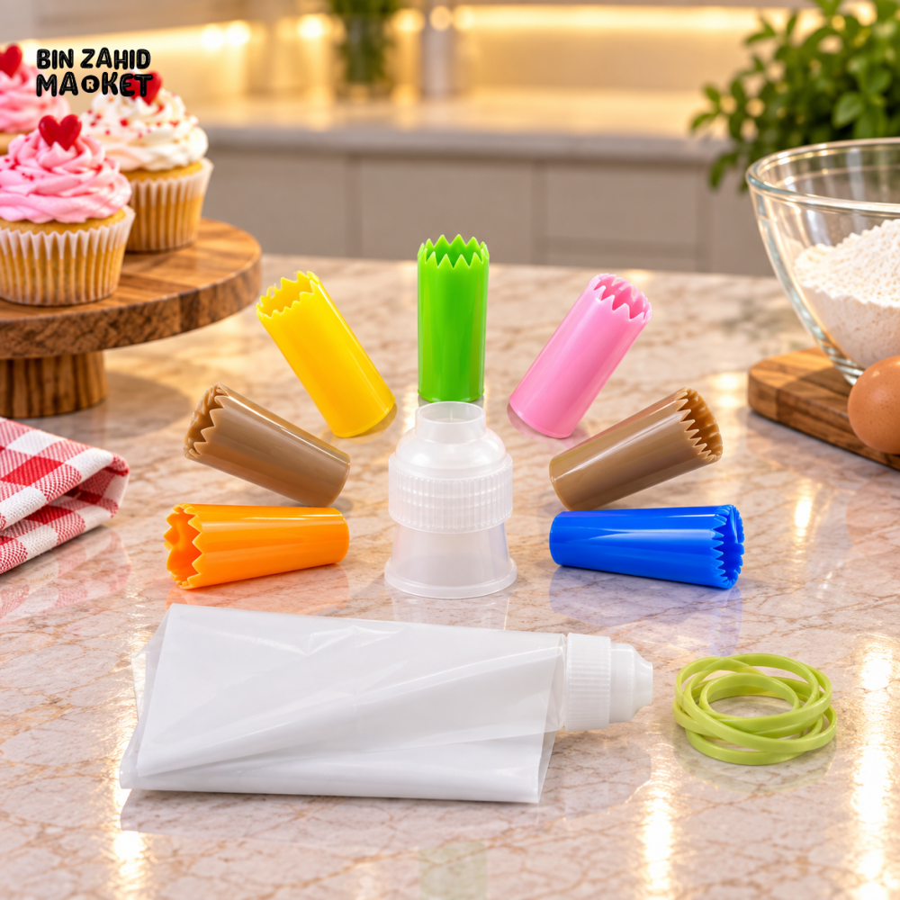 MULTI-PIECE REUSABLE CAKE DECORATING PIPING BAG AND NOZZLE SET