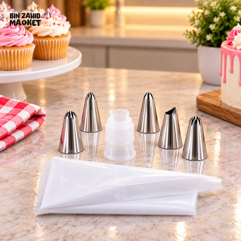 MULTI-PIECE STAINLESS STEEL CAKE DECORATING PIPING NOZZLE SET WITH PASTRY BAG