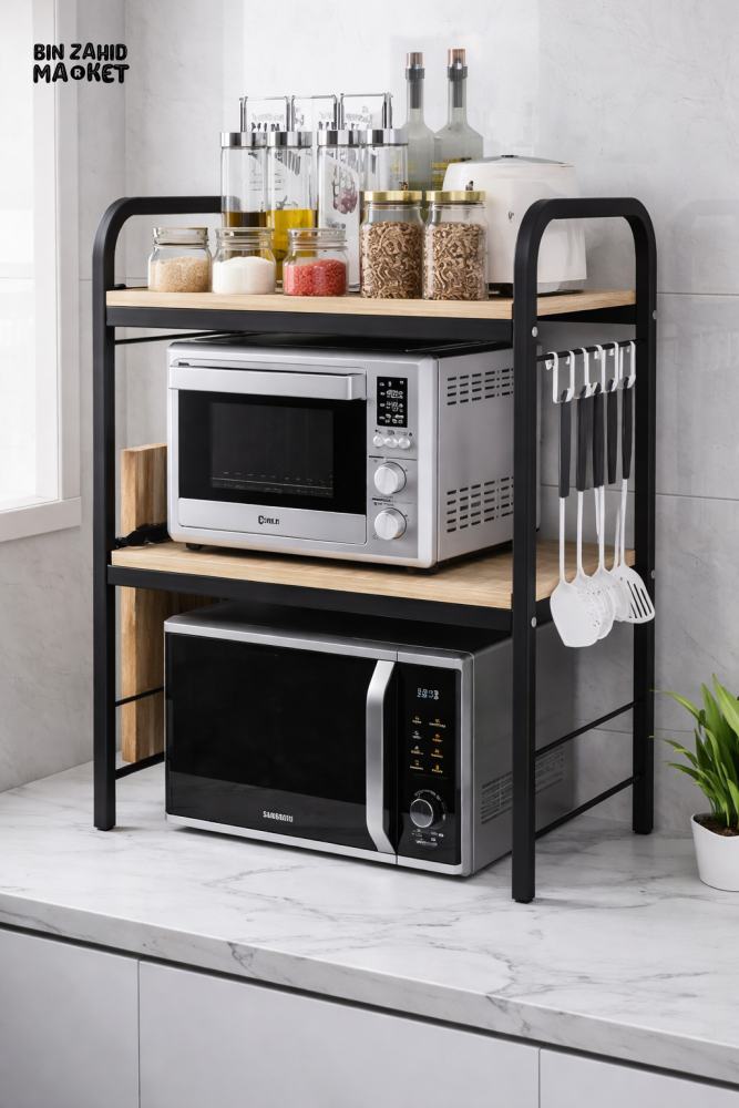 MULTI-PURPOSE 3-TIER KITCHEN MICROWAVE STAND WITH UTENSIL HOOKS