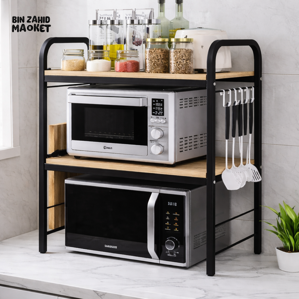 MULTI-PURPOSE 3-TIER KITCHEN MICROWAVE STAND WITH UTENSIL HOOKS