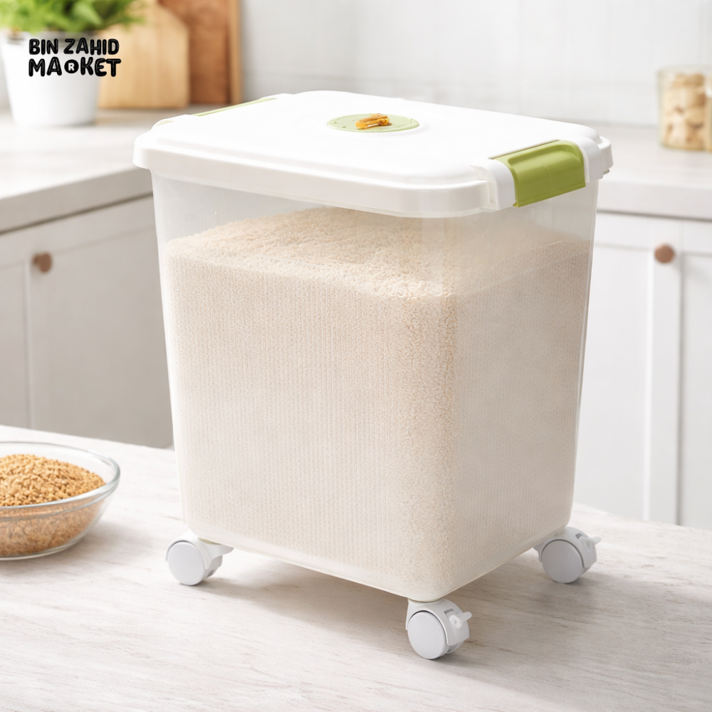 MULTI-PURPOSE AIRTIGHT GRAIN STORAGE BOX 20 KG – RICE FLOUR & CEREAL CONTAINER WITH WHEELS