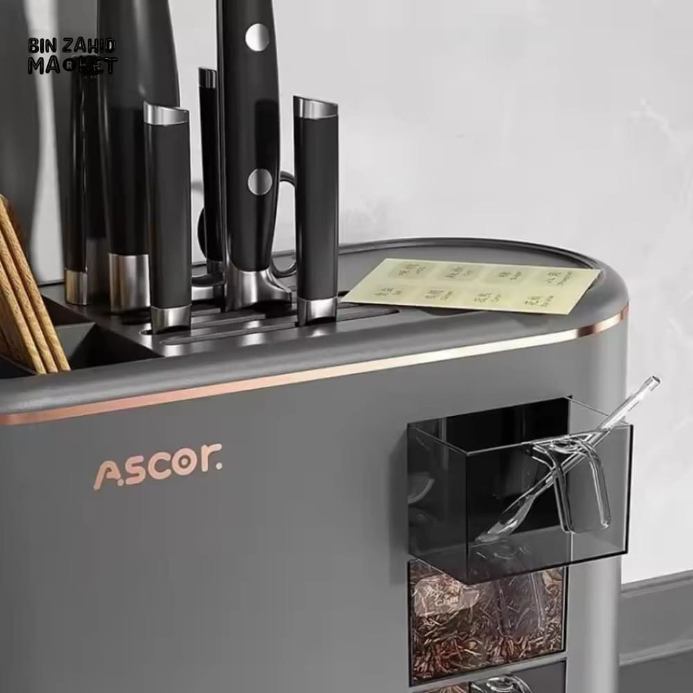 MULTI-PURPOSE KNIFE & CHOPSTICKS HOLDER WITH SEASONING BOX – KITCHEN UTENSIL DRYING RACK & CUTLERY STORAGE CYLINDER