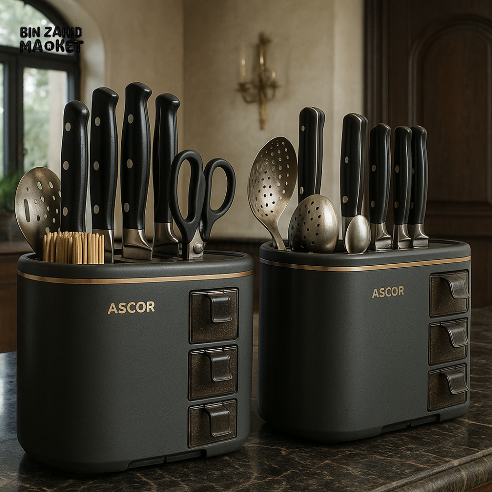 MULTI-PURPOSE KNIFE & CHOPSTICKS HOLDER WITH SEASONING BOX – KITCHEN UTENSIL DRYING RACK & CUTLERY STORAGE CYLINDER