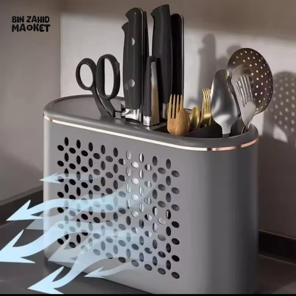 MULTI-PURPOSE KNIFE & CHOPSTICKS HOLDER WITH SEASONING BOX – KITCHEN UTENSIL DRYING RACK & CUTLERY STORAGE CYLINDER