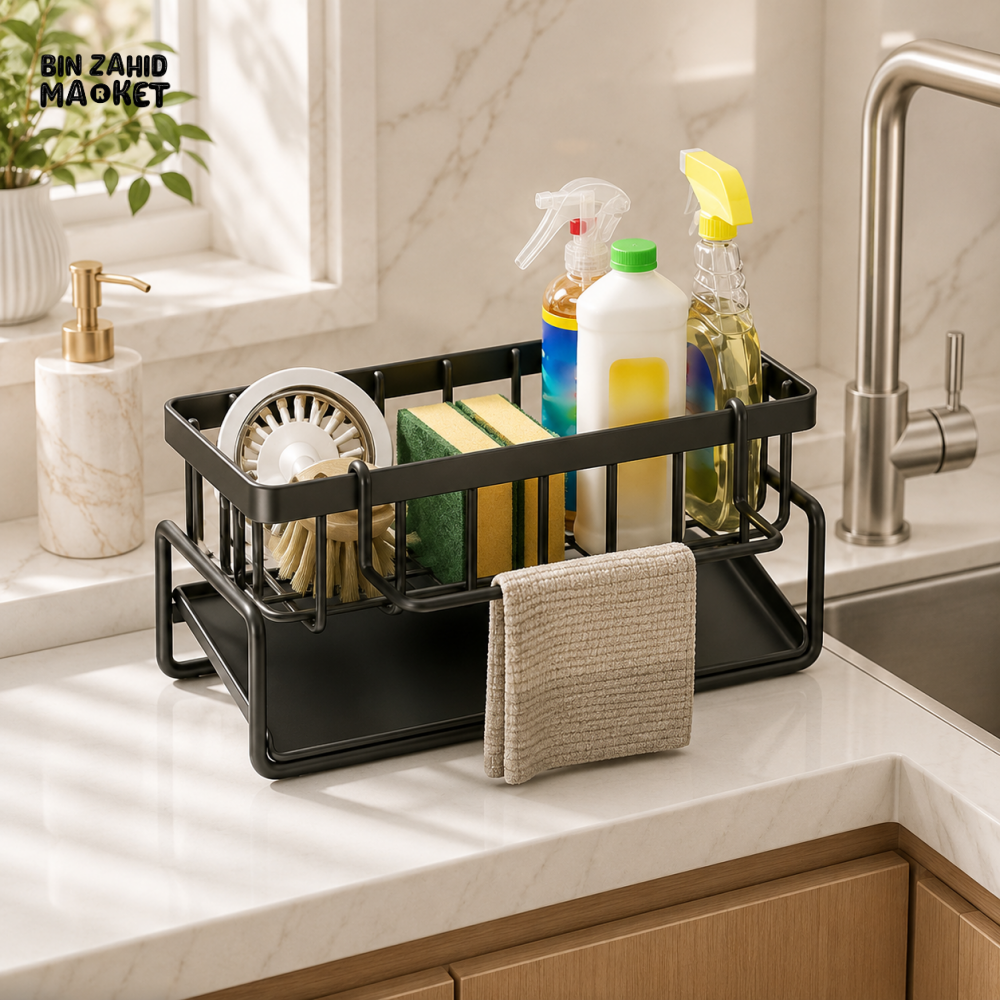 MULTI-PURPOSE SINK ORGANIZER WITH TOWEL ROD & DRAIN TRAY