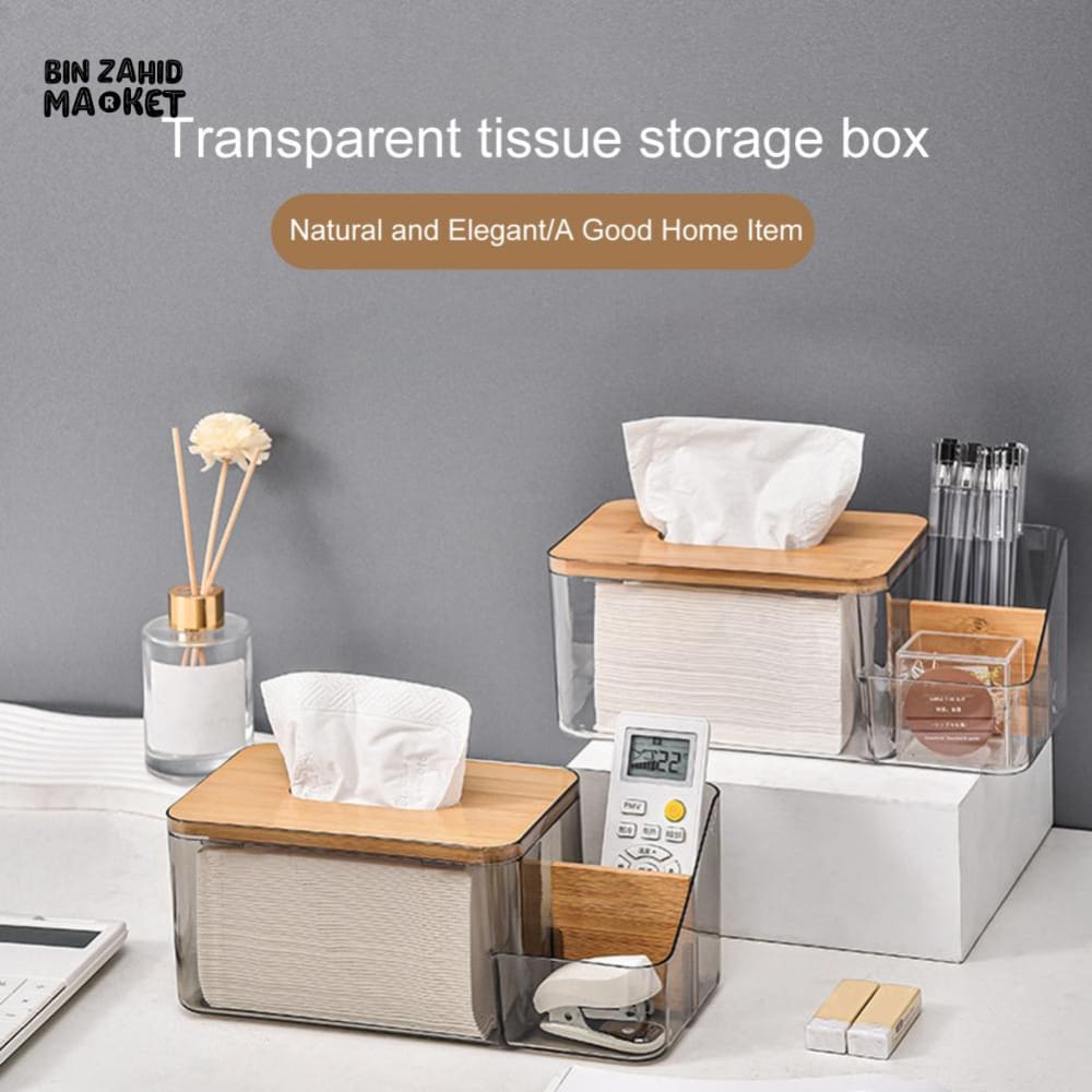 MULTI-PURPOSE TISSUE BOX WITH WOODEN COVER – ROUND OPENING NAPKIN HOLDER WITH REMOTE ORGANIZER