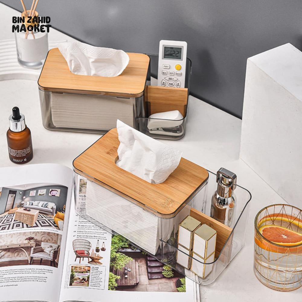 MULTI-PURPOSE TISSUE BOX WITH WOODEN COVER – ROUND OPENING NAPKIN HOLDER WITH REMOTE ORGANIZER