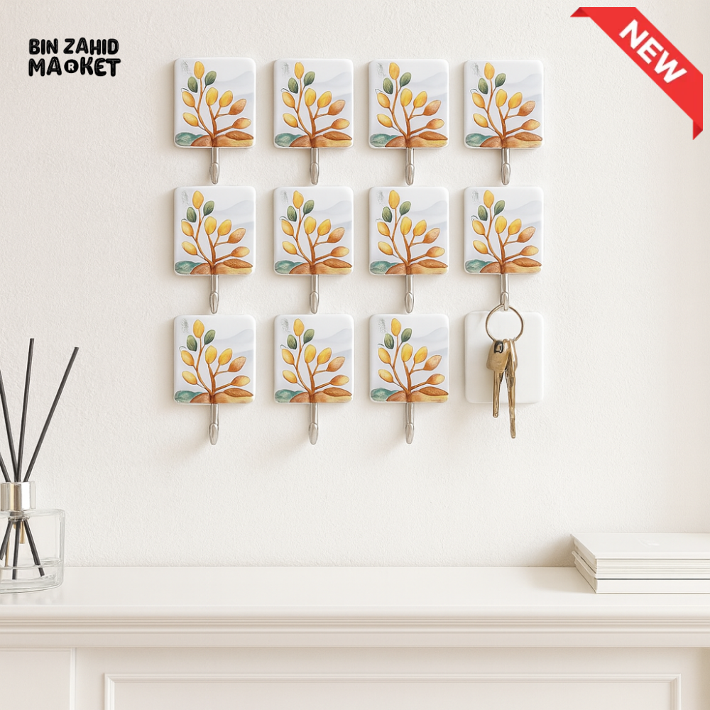 MULTI-PURPOSE WALL HOOKS 12 PIECES – STRONG ADHESIVE RUST-RESISTANT TREE PRINT
