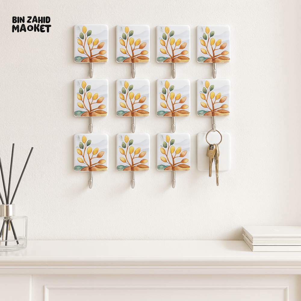 MULTI-PURPOSE WALL HOOKS 12 PIECES – STRONG ADHESIVE RUST-RESISTANT TREE PRINT