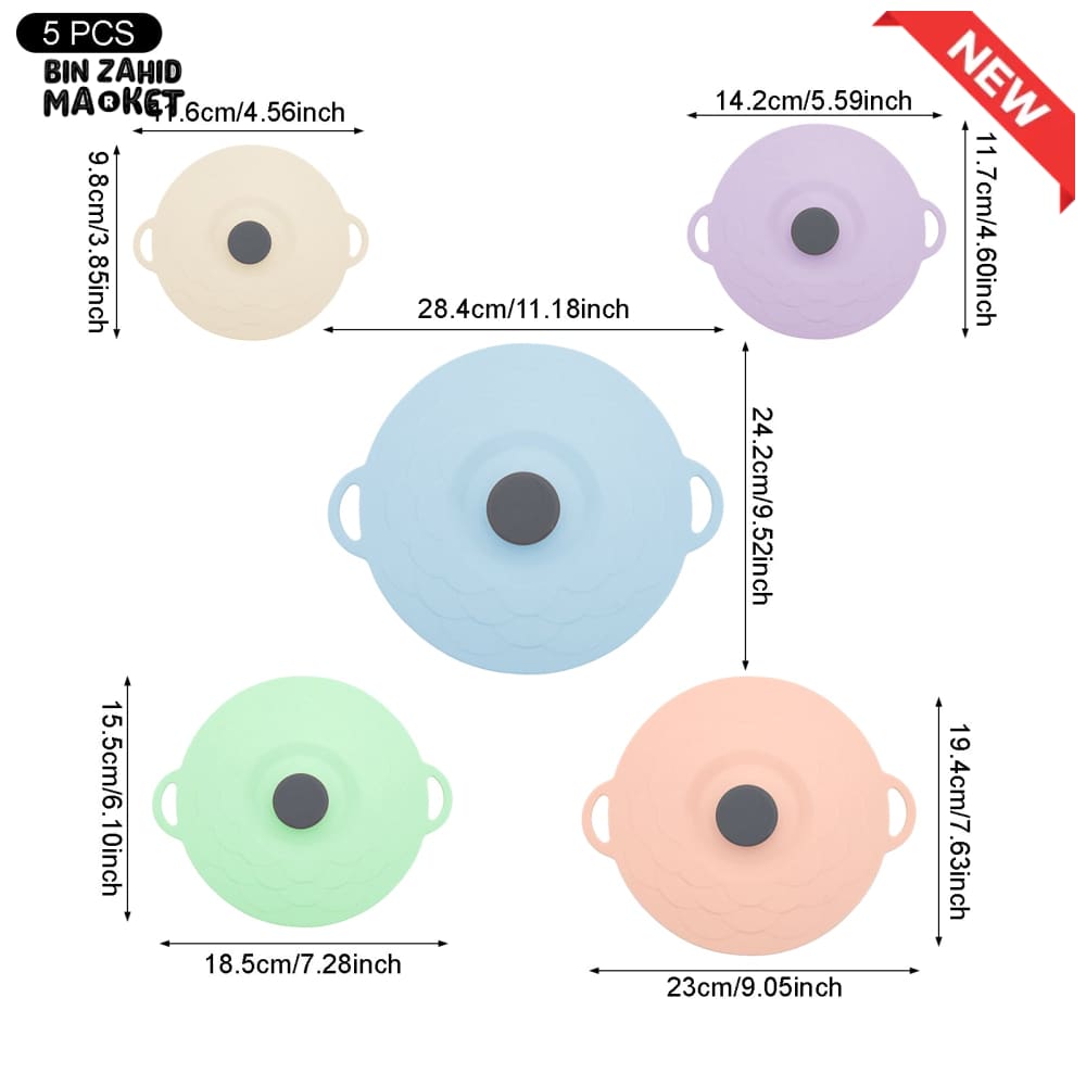MULTI-SIZE REUSABLE SILICONE POT LID COVER SET – 5 PIECES FOOD FRESHNESS SEALING COVERS