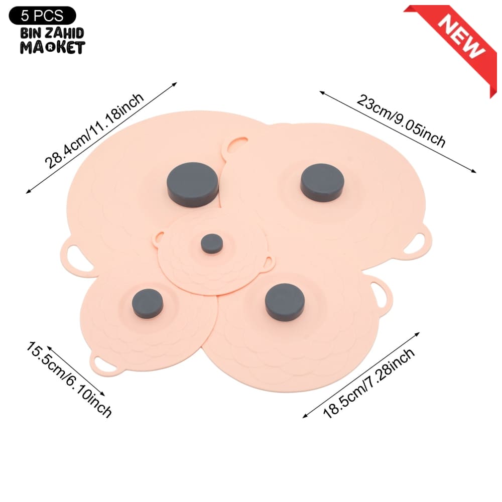 MULTI-SIZE REUSABLE SILICONE POT LID COVER SET – 5 PIECES FOOD FRESHNESS SEALING COVERS