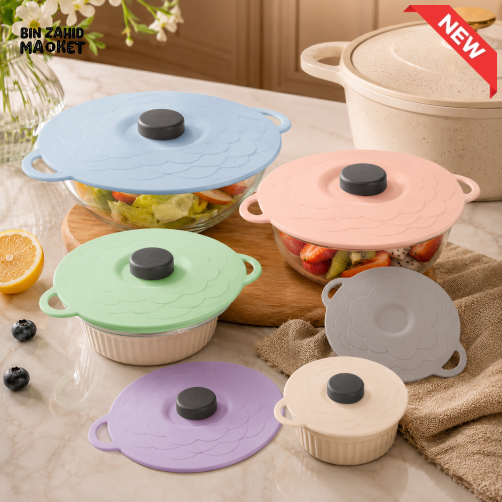 MULTI-SIZE REUSABLE SILICONE POT LID COVER SET – 5 PIECES FOOD FRESHNESS SEALING COVERS