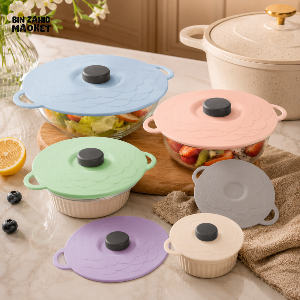 MULTI-SIZE REUSABLE SILICONE POT LID COVER SET – 5 PIECES FOOD FRESHNESS SEALING COVERS
