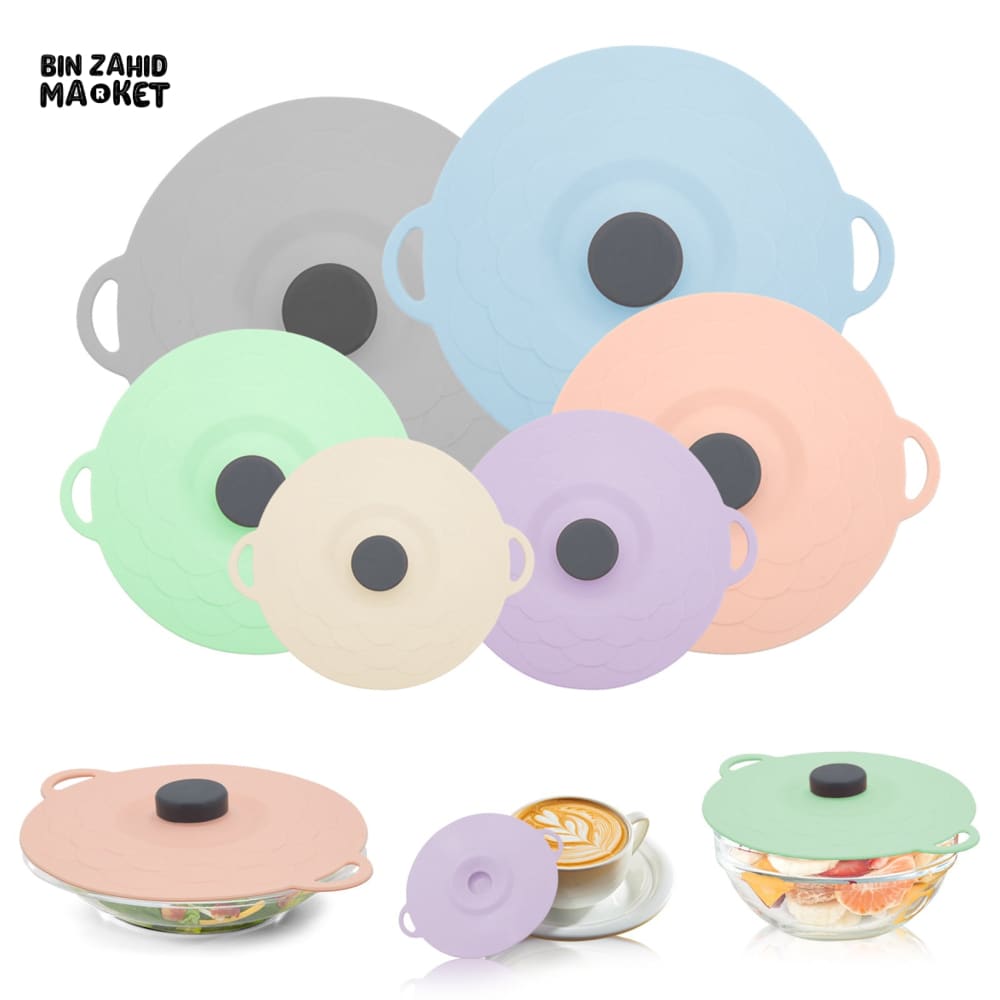 MULTI-SIZE REUSABLE SILICONE POT LID COVER SET – 5 PIECES FOOD FRESHNESS SEALING COVERS
