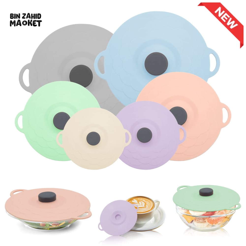 MULTI-SIZE REUSABLE SILICONE POT LID COVER SET – 5 PIECES FOOD FRESHNESS SEALING COVERS