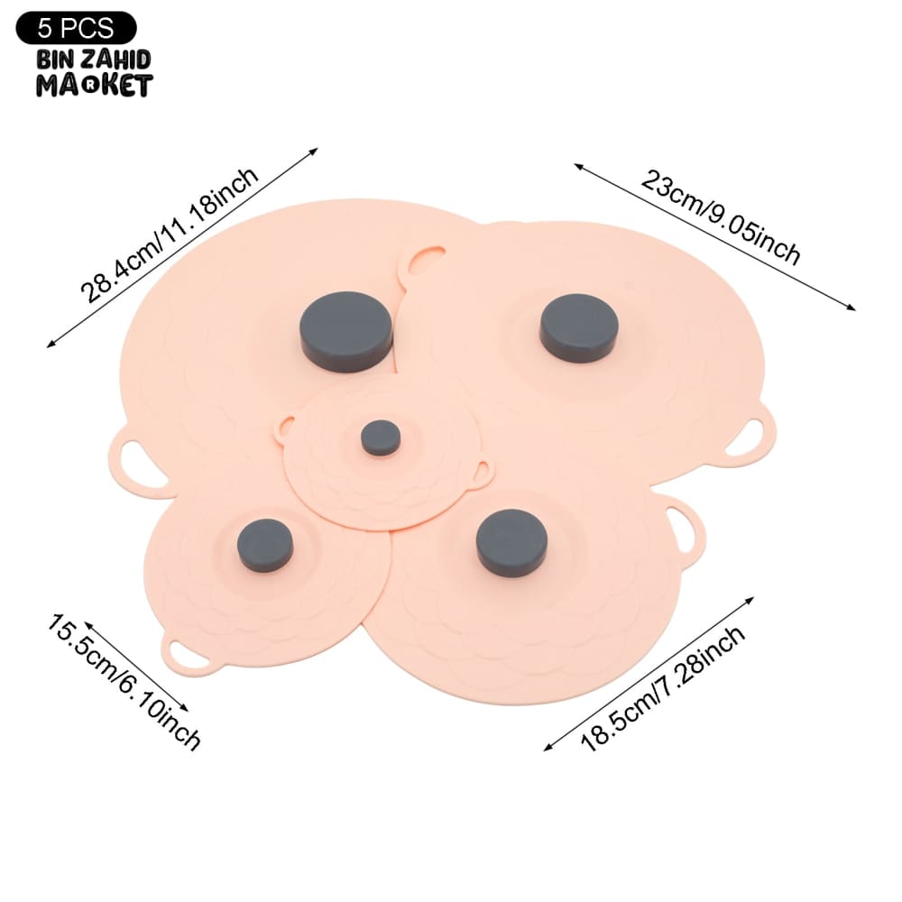MULTI-SIZE REUSABLE SILICONE POT LID COVER SET – 5 PIECES FOOD FRESHNESS SEALING COVERS