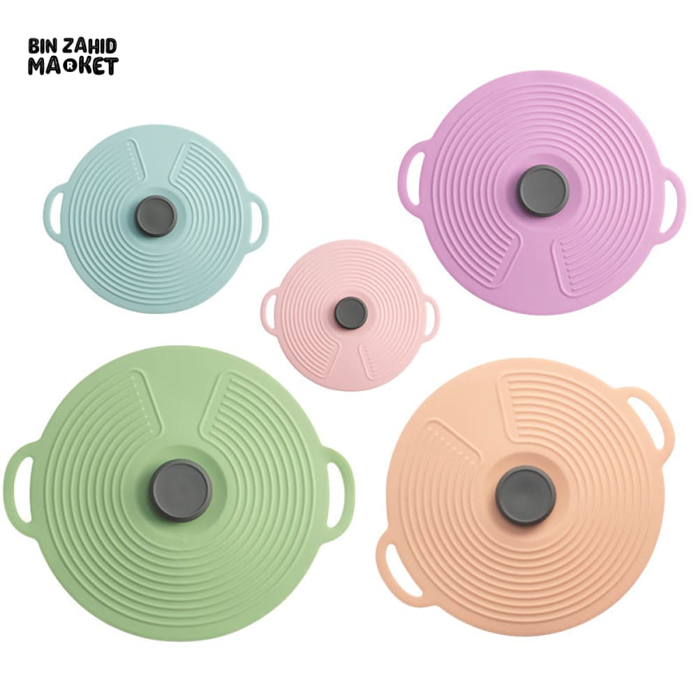 MULTI-SIZE REUSABLE SILICONE POT LID COVER SET – 5 PIECES FOOD FRESHNESS SEALING COVERS