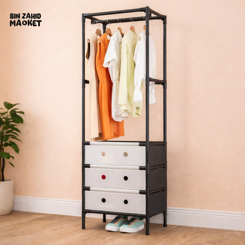 MULTI-TIER CLOTHING STORAGE RACK WITH DRAWERS – MODERN BEDROOM ORGANIZER STAND