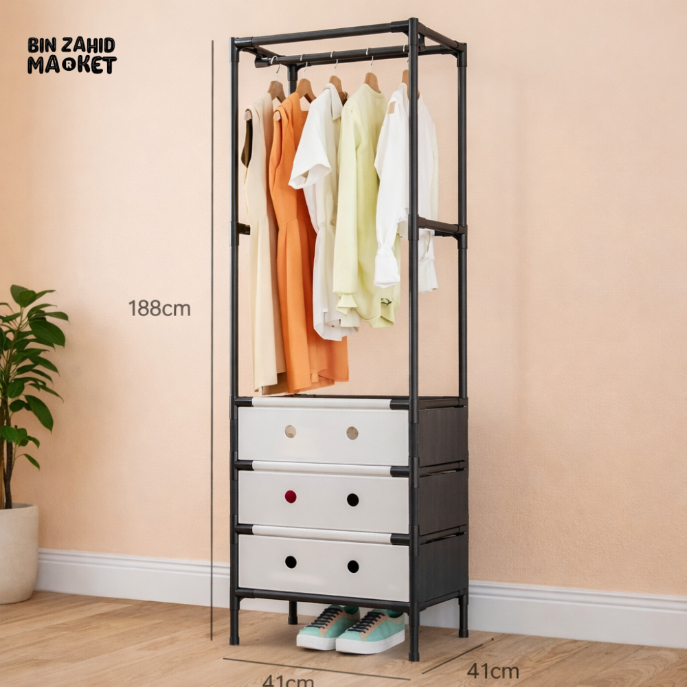 MULTI-TIER CLOTHING STORAGE RACK WITH DRAWERS – MODERN BEDROOM ORGANIZER STAND