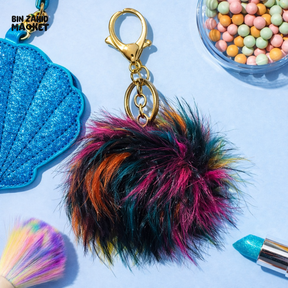 MULTICOLOR FUR POM POM KEYCHAIN – FLUFFY BAG CHARM & CAR KEYRING FOR GIRLS PURSE BACKPACK & GIFT - Key Holders