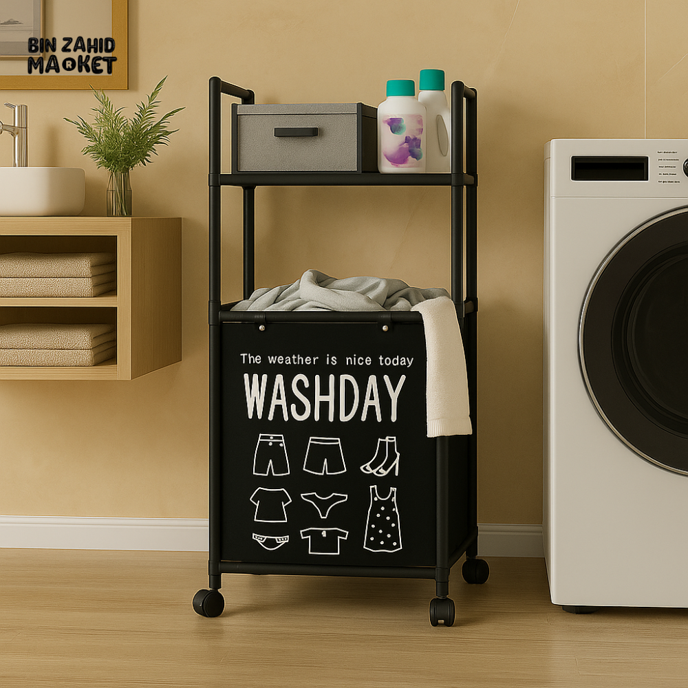MULTIFUNCTIONAL 2-TIER LAUNDRY CART WITH WHEELS – WASHDAY CLOTHES ORGANIZER & STORAGE BASKET FOR BATHROOM OR LAUNDRY ROOM