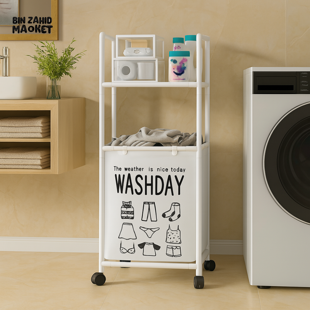 MULTIFUNCTIONAL 2-TIER LAUNDRY CART WITH WHEELS – WASHDAY CLOTHES ORGANIZER & STORAGE BASKET FOR BATHROOM OR LAUNDRY ROOM