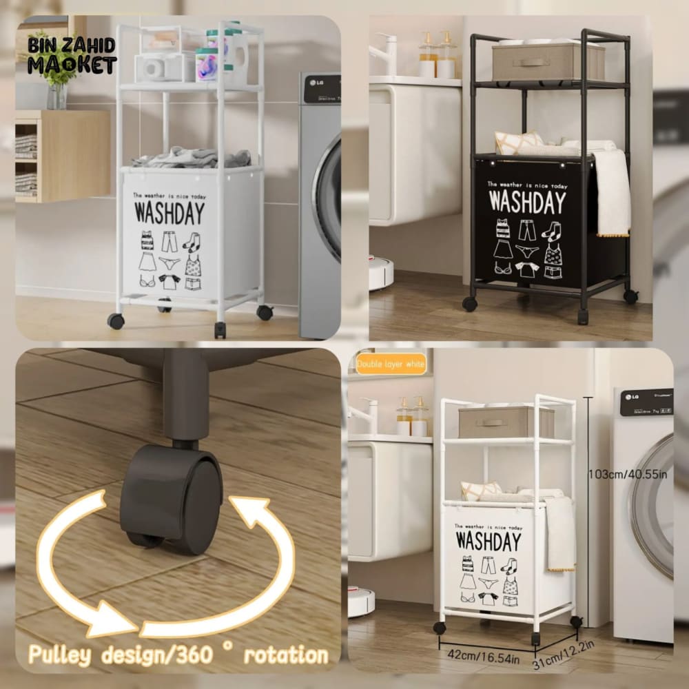 MULTIFUNCTIONAL 2-TIER LAUNDRY CART WITH WHEELS – WASHDAY CLOTHES ORGANIZER & STORAGE BASKET FOR BATHROOM OR LAUNDRY ROOM