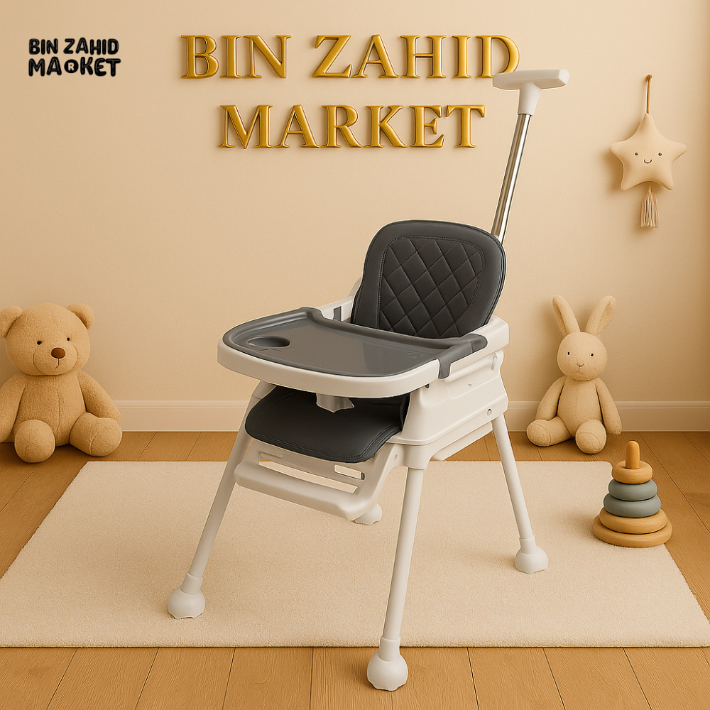 MULTIFUNCTIONAL 3-IN-1 BABY HIGH CHAIR WITH PUSH HANDLE – CONVERTIBLE DINING, STUDY & PLAY CHAIR - DARK GREY