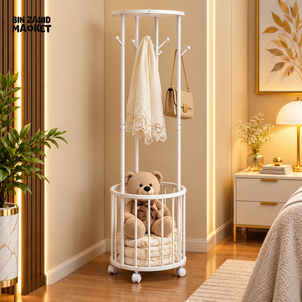 MULTIFUNCTIONAL FLOOR STANDING CLOTHES RACK WITH STORAGE BASKET