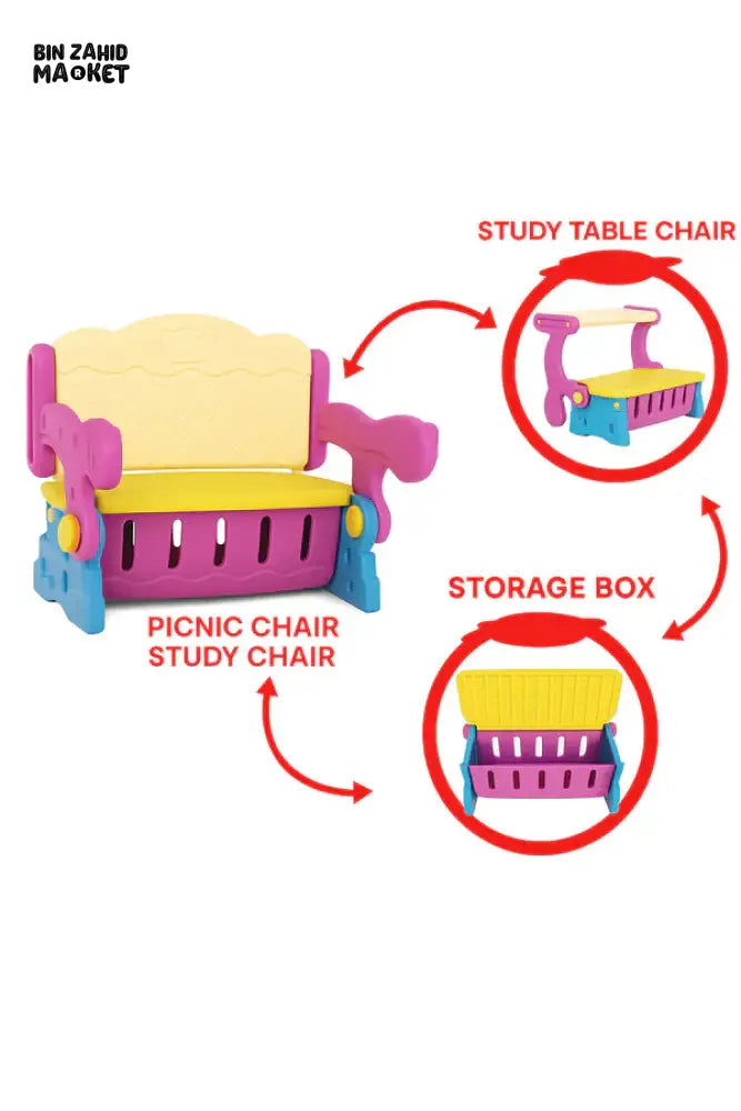 MULTIFUNCTIONAL KIDS PICNIC & STUDY CHAIR WITH STORAGE 3-IN-1 PLASTIC TODDLER SEAT