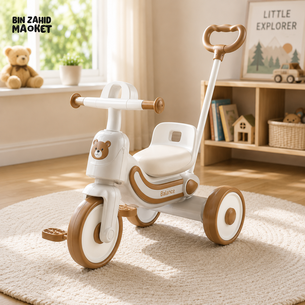 MULTIFUNCTIONAL KIDS TRICYCLE WITH PUSH HANDLE - GREY