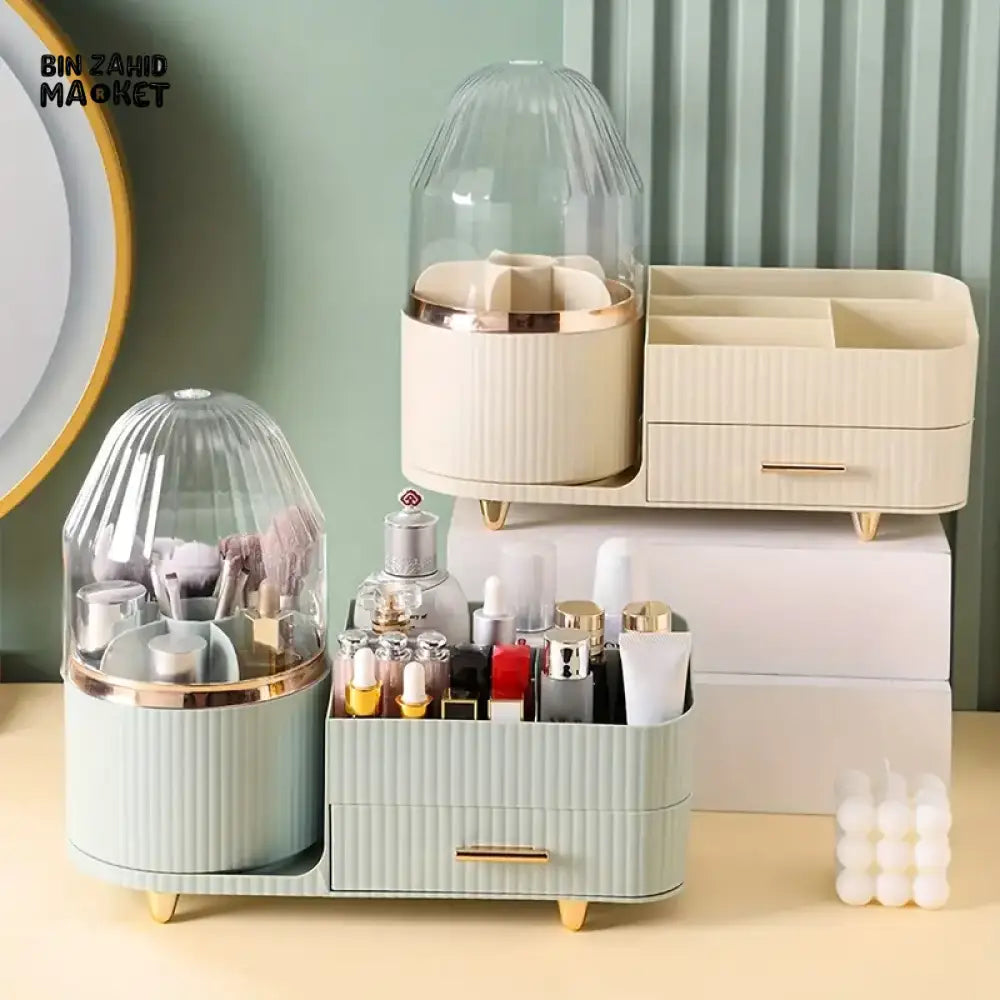 MULTIFUNCTIONAL MAKEUP ORGANIZER WITH DUSTPROOF COVER – VANITY STORAGE DRAWER BOX FOR COSMETICS & BRUSHES