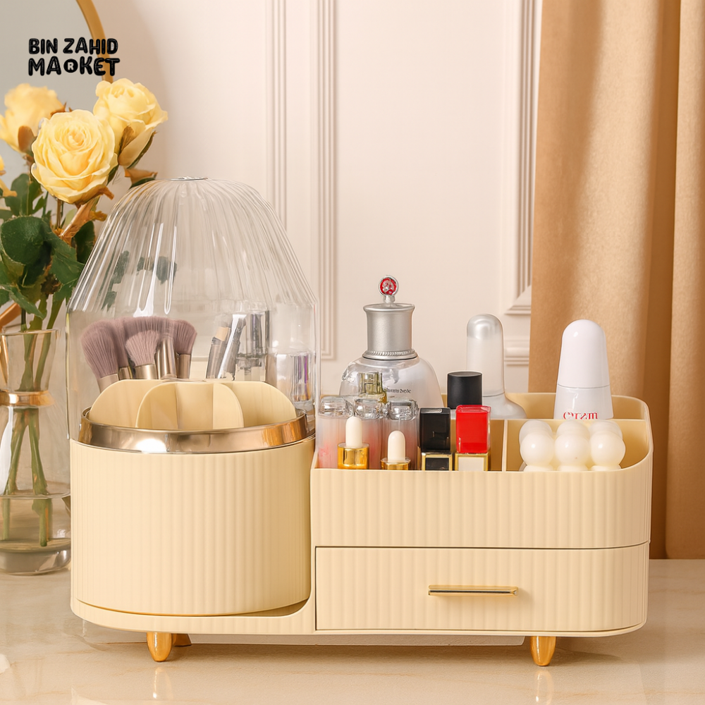 MULTIFUNCTIONAL MAKEUP ORGANIZER WITH DUSTPROOF COVER – VANITY STORAGE DRAWER BOX FOR COSMETICS & BRUSHES
