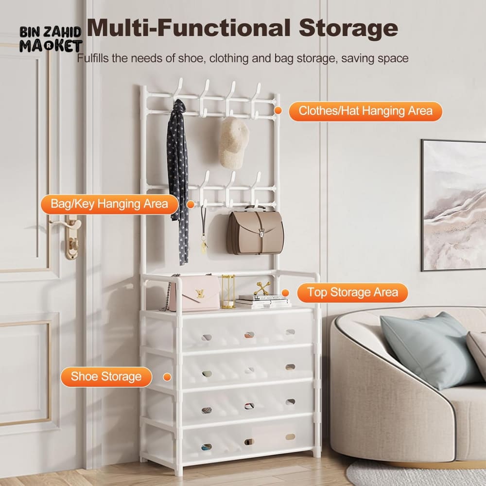 5-LAYER MULTIFUNCTIONAL SHOE STORAGE COAT RACK – FLOOR-STANDING ENTRYWAY HANGER AND SIMPLE SHOE CABINET ORGANIZER