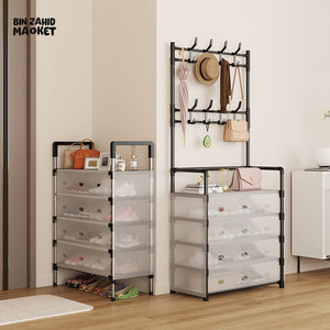 5-LAYER MULTIFUNCTIONAL SHOE STORAGE COAT RACK – FLOOR-STANDING ENTRYWAY HANGER AND SIMPLE SHOE CABINET ORGANIZER