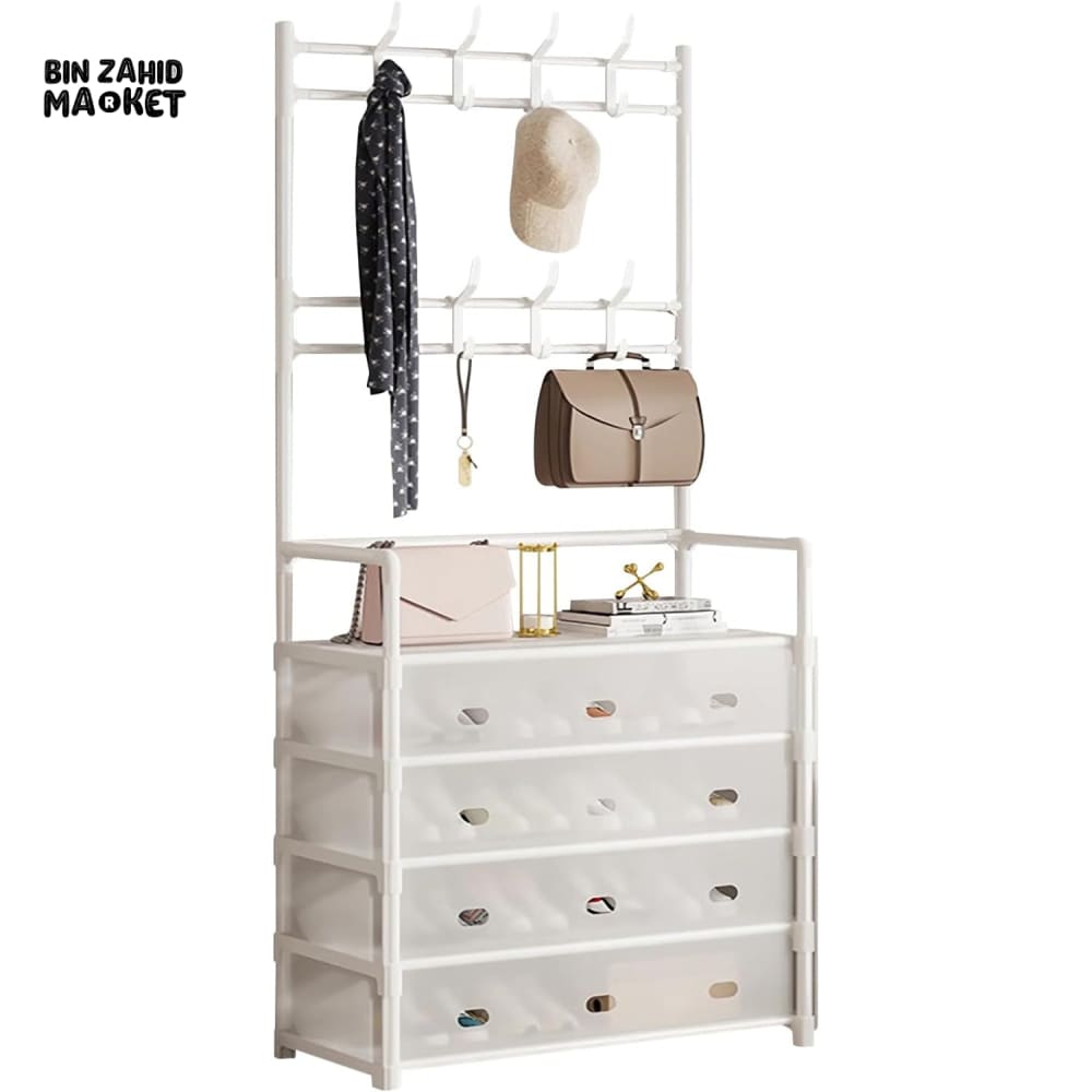 5-LAYER MULTIFUNCTIONAL SHOE STORAGE COAT RACK – FLOOR-STANDING ENTRYWAY HANGER AND SIMPLE SHOE CABINET ORGANIZER