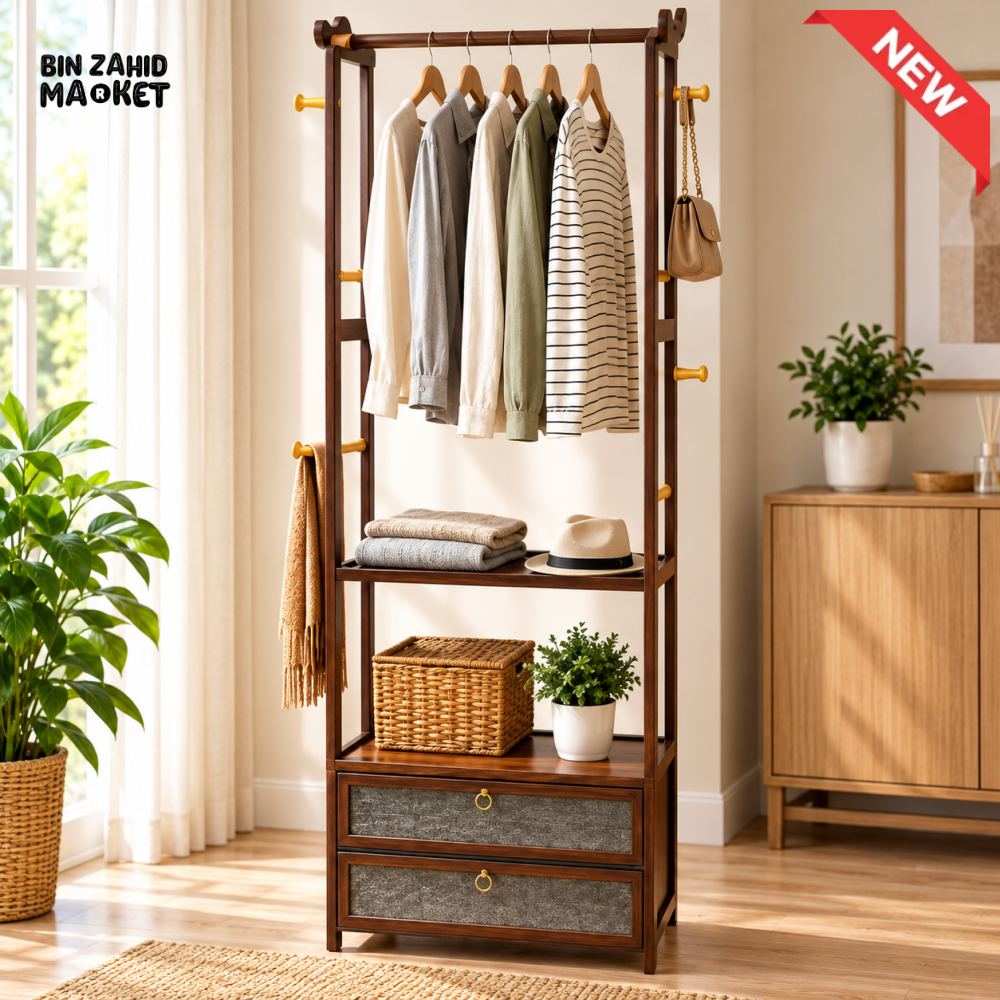 MULTIFUNCTIONAL WOODEN CLOTHES HANGING & STORAGE ORGANIZER RACK WITH DRAWERS