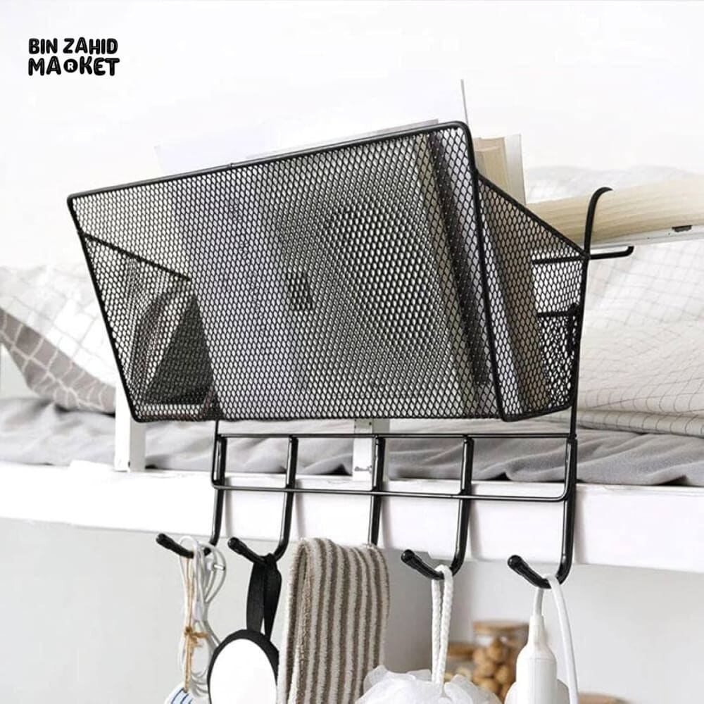 MULTIPURPOSE IRON MESH HANGING RACK WITH HOOKS – WALL-MOUNT STORAGE ORGANIZER
