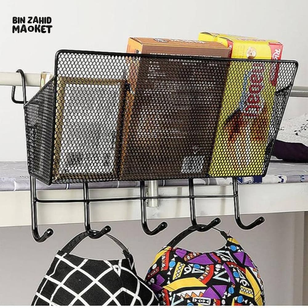 MULTIPURPOSE IRON MESH HANGING RACK WITH HOOKS – WALL-MOUNT STORAGE ORGANIZER