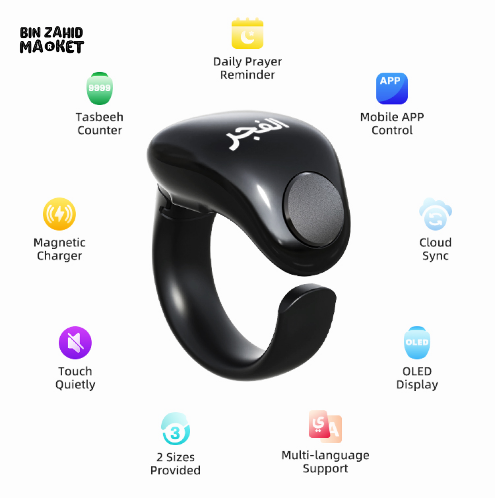 MUSLIM SMART PRAYER RING – WATERPROOF DIGITAL TALLY COUNTER WITH PRAYER TIME & VIBRATION REMINDER