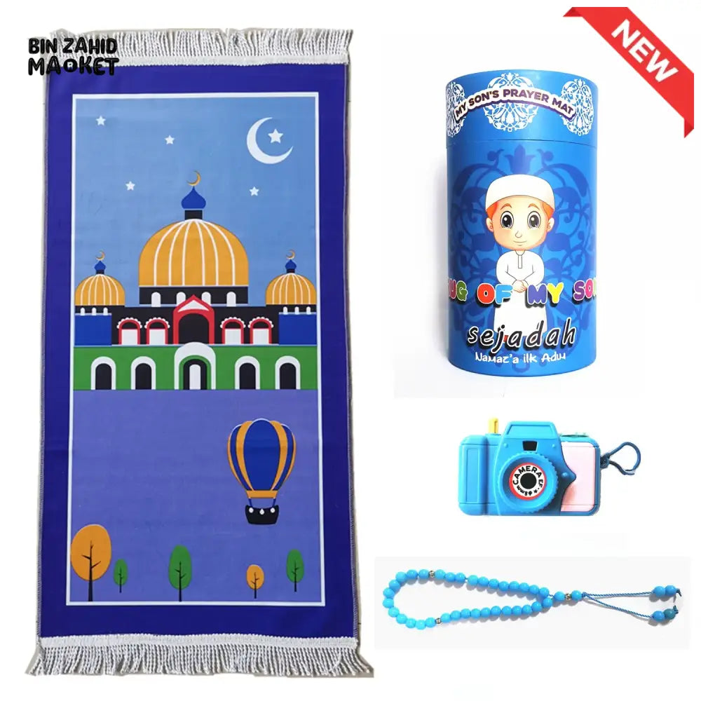 MY KIDS SPECIAL PRAYER MAT + TASBEEH + IMAGES CAMERA + COIN BOX SET Blue / 50x95cm