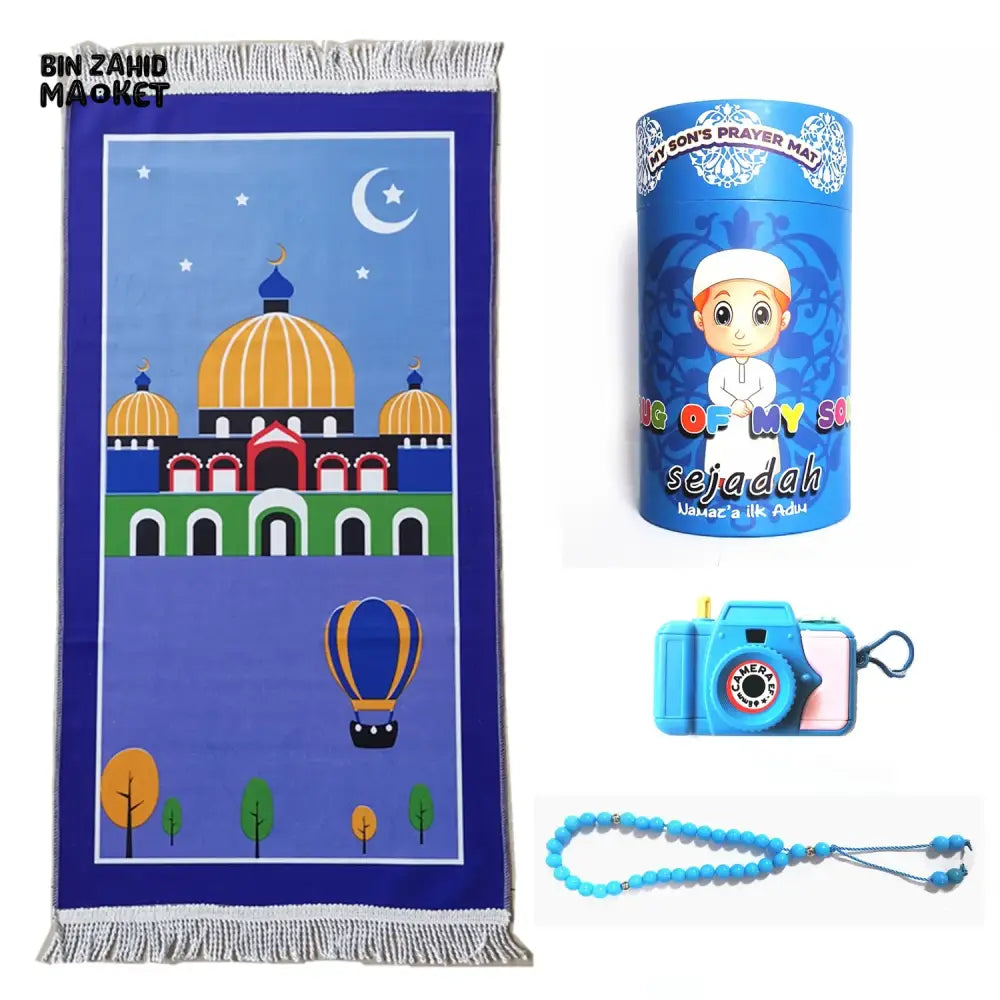 MY KIDS SPECIAL PRAYER MAT + TASBEEH + IMAGES CAMERA + COIN BOX SET Blue / 50x95cm