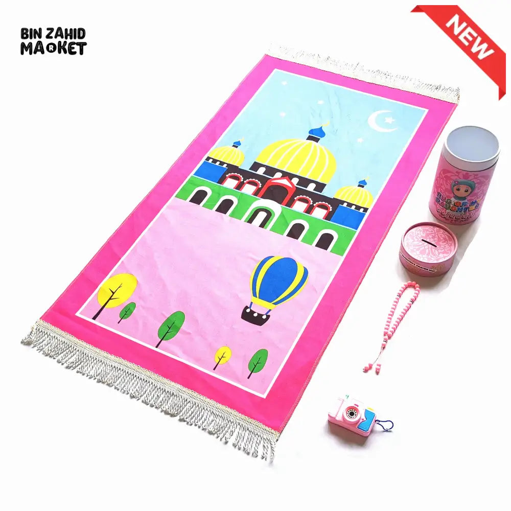 MY KIDS SPECIAL PRAYER MAT + TASBEEH + IMAGES CAMERA + COIN BOX SET Pink / 50x95cm