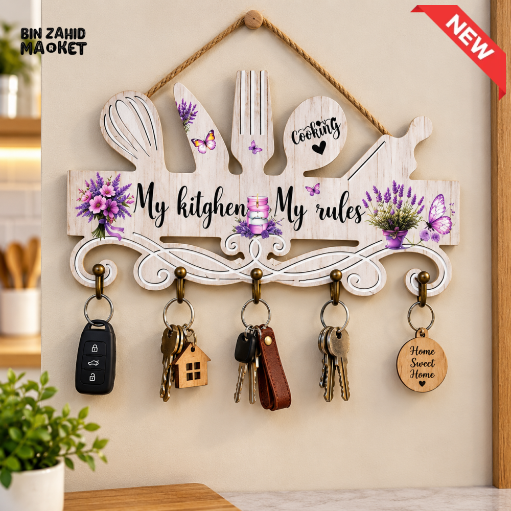 MY KITCHEN MY RULES WOODEN WALL KEY HOLDER WITH 5 HOOKS