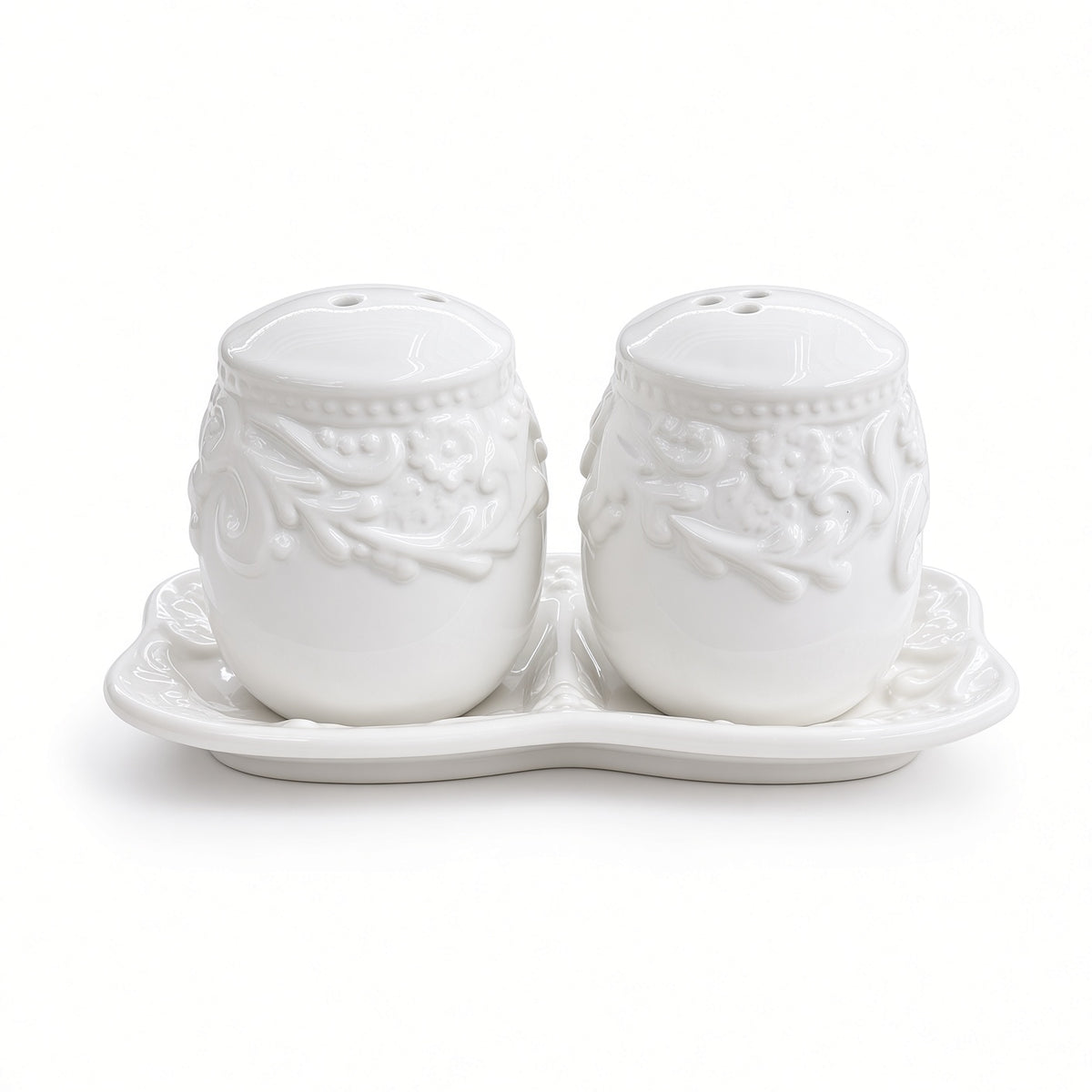 Kitchlux Ceramic Salt and Pepper Shakers - White Embossed