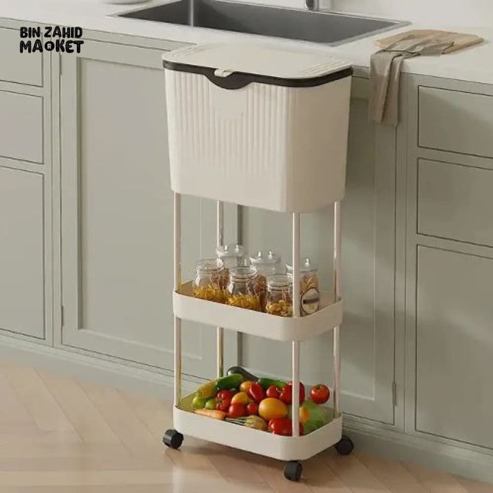 NARROW KITCHEN TRASH CAN WITH STORAGE RACK - MULTIPURPOSE WASTE BIN - CREAM
