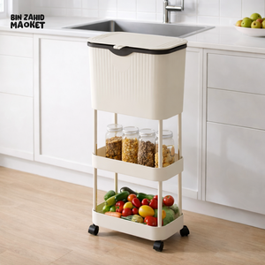 NARROW KITCHEN TRASH CAN WITH STORAGE RACK - MULTIPURPOSE WASTE BIN - CREAM