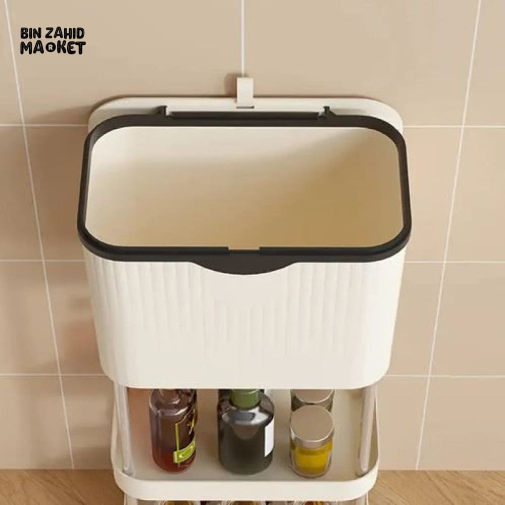 NARROW KITCHEN TRASH CAN WITH STORAGE RACK - MULTIPURPOSE WASTE BIN - CREAM