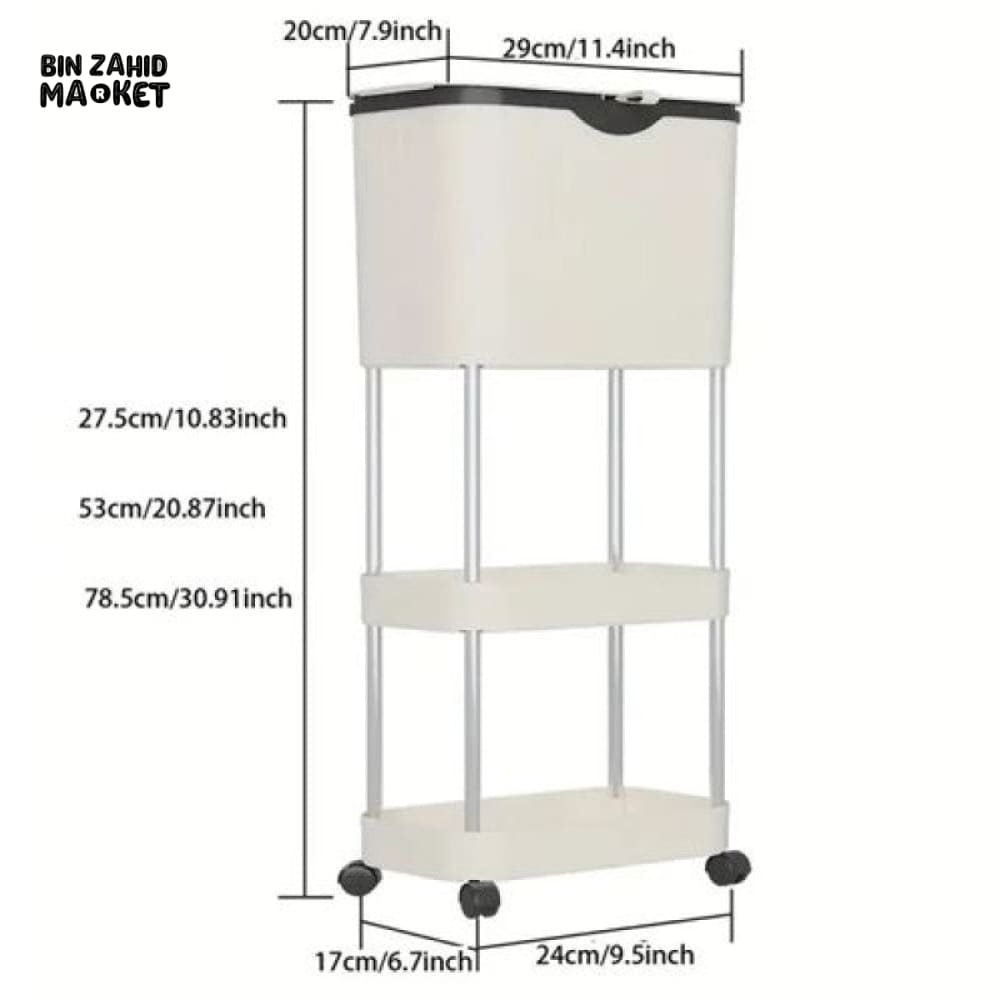 NARROW KITCHEN TRASH CAN WITH STORAGE RACK - MULTIPURPOSE WASTE BIN - CREAM