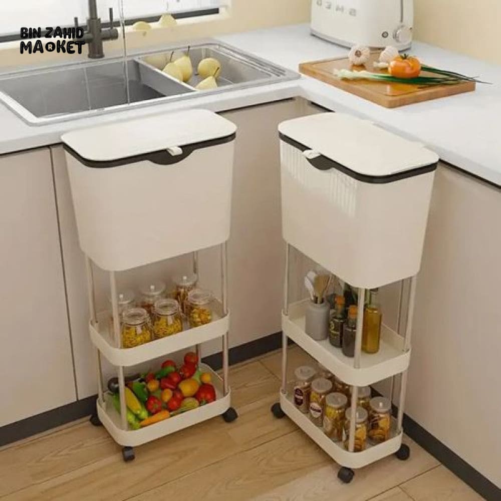 NARROW KITCHEN TRASH CAN WITH STORAGE RACK - MULTIPURPOSE WASTE BIN - CREAM